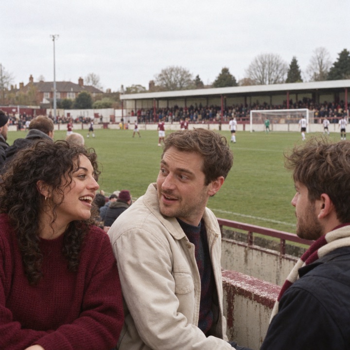 Illustrative scene of three friends sharing a conversation beside a local football pitch